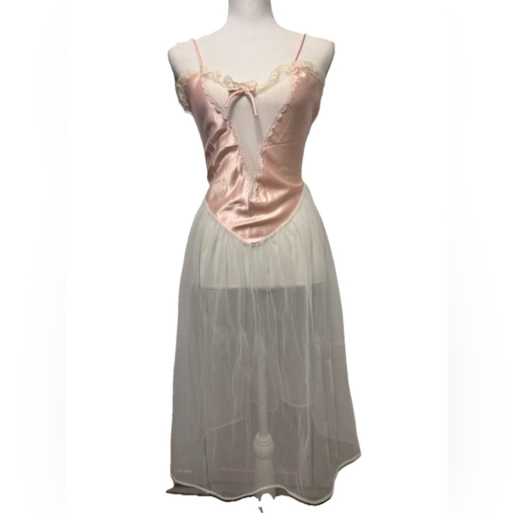 Pink satin silky corset basque waist vintage sheer Nightgown slip dress lingerie